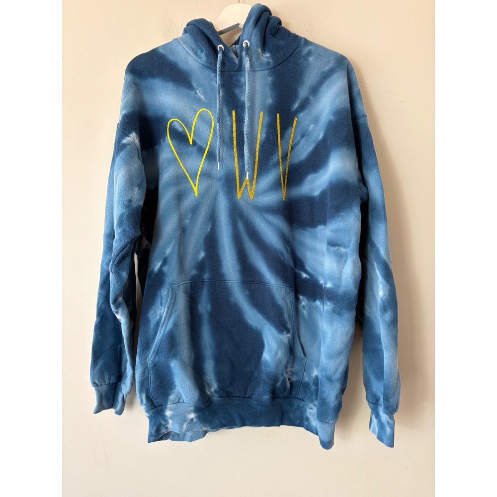 Port & Company Blue Tie Dye Heart WV West Virginia Hoodie Sweatshirt Large